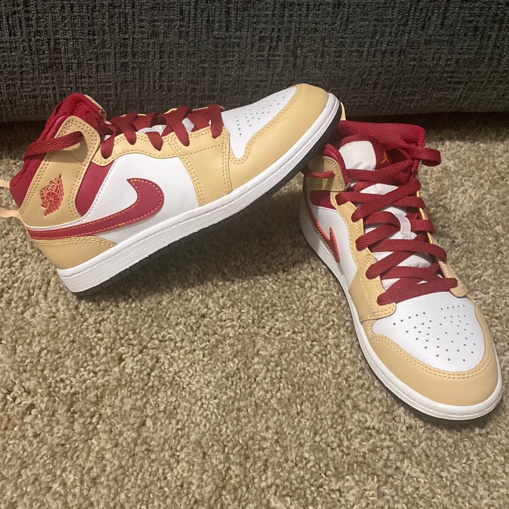 Air Jordan 1 Mid GS 'Light Curry Cardinal Red' *NO BOX*